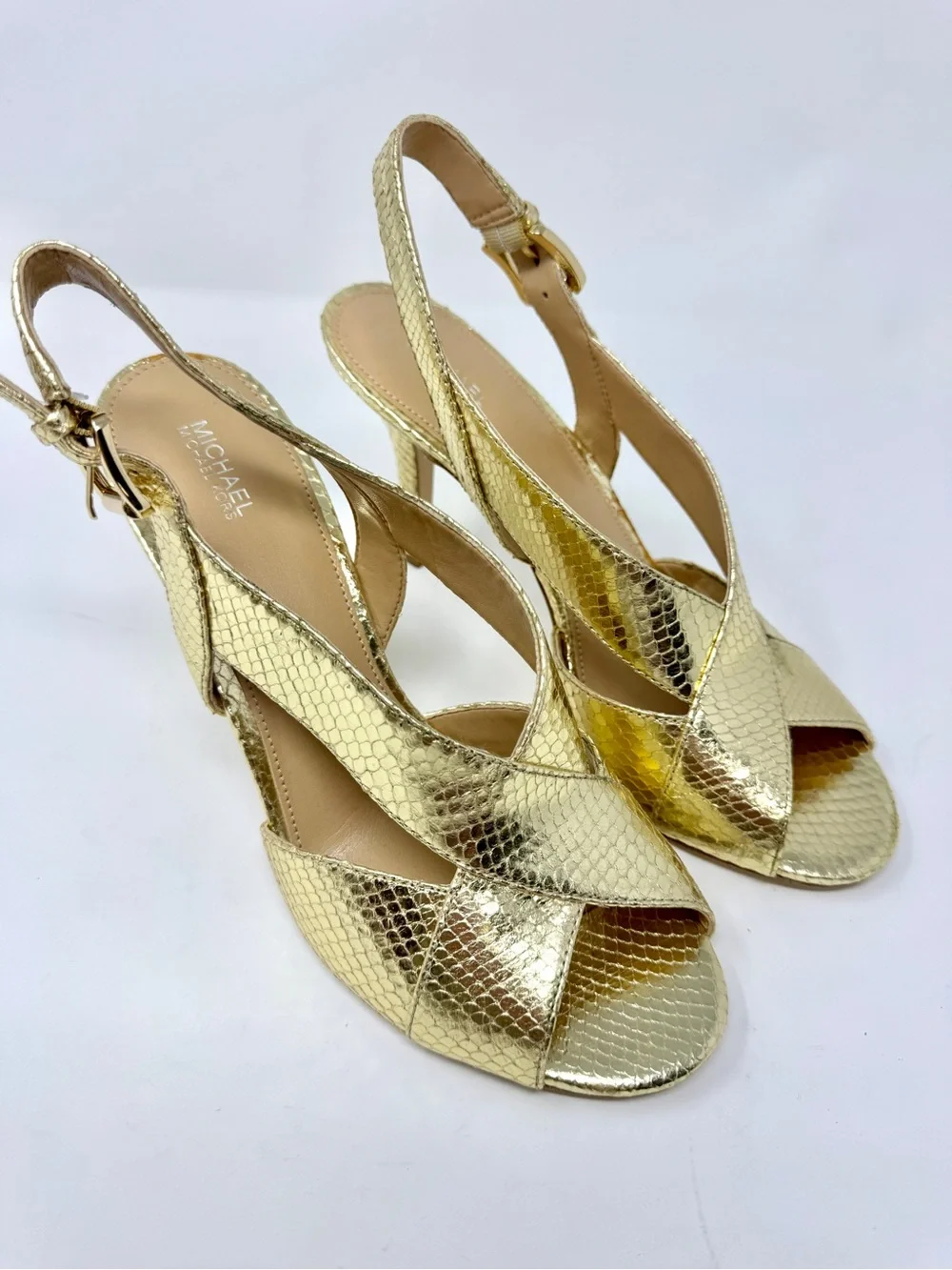 Michael Kors Gold Metallic Snake Embossed Slingback Heels Sandal Size 10 - Picture 5 of 10